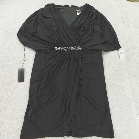 NWT Tadashi Shoji Dress Black Ruched Kaftan Rhinestone‎